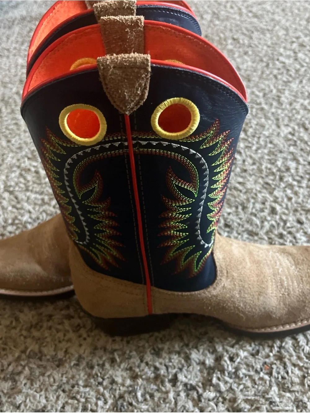 Kids Tan Suede Cowboy Boots with Black Embroidered Shaft